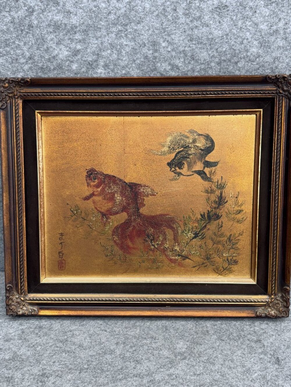 Vintage Asian Gold Leaf Lacquer Painting, Twin Goldfish & Aquatic Plants Framed